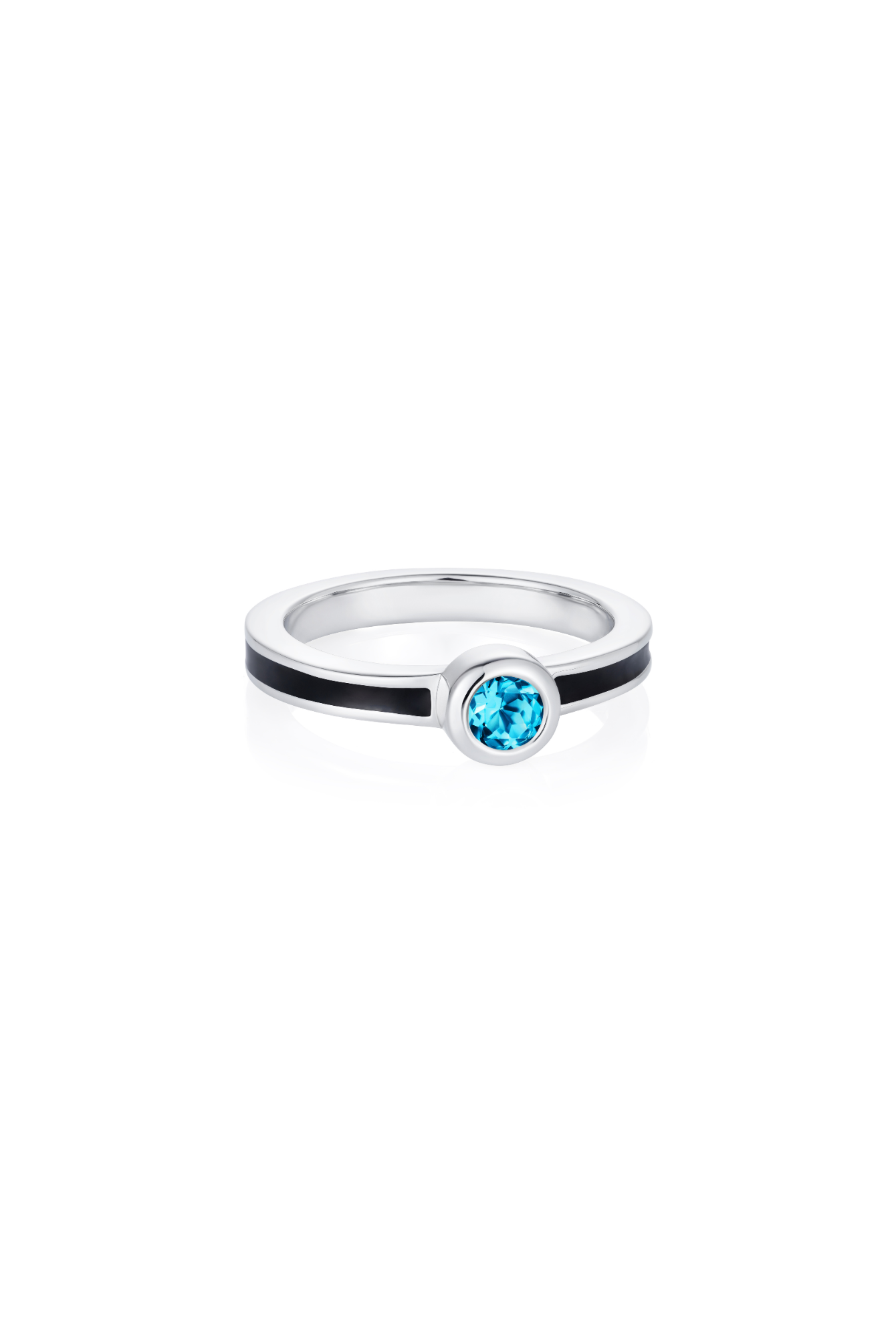 Sterling silver stacking ring with round blue topaz and hand-applied black enamel - Something Blue By Ostro