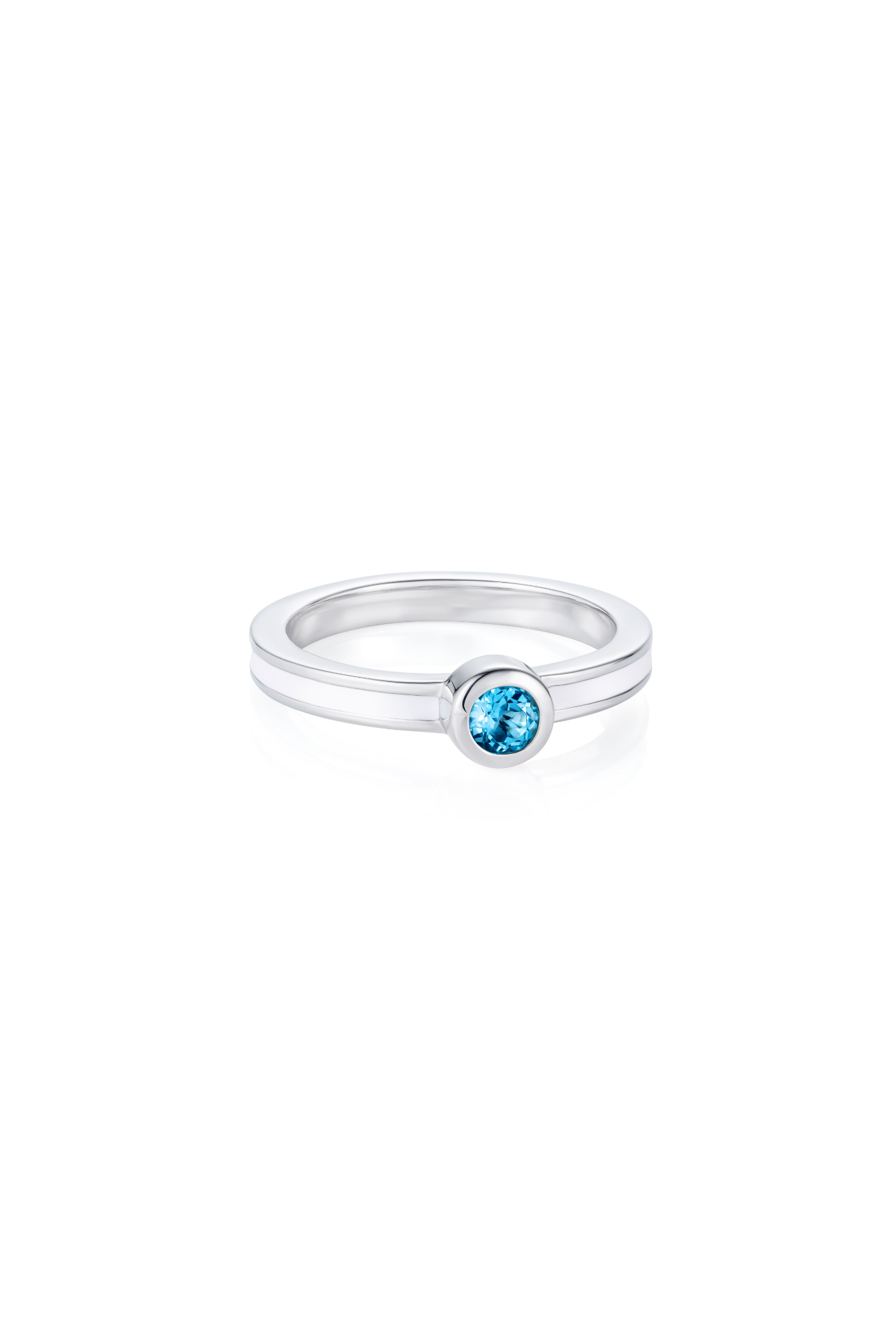 Round white stacking ring with blue topaz in rhodium plated sterling silver - Something Blue By Ostro