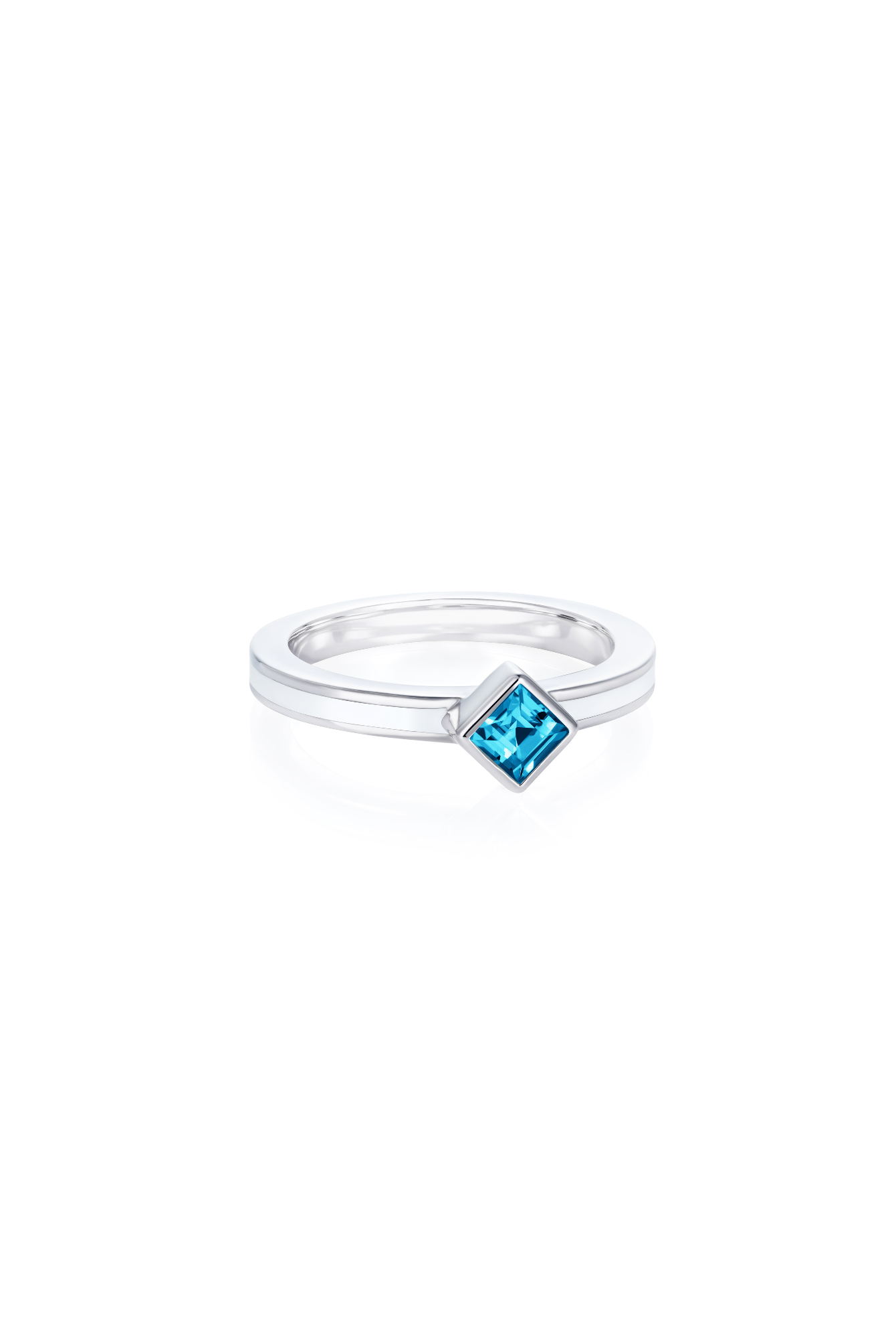 Square white stacking ring with blue topaz in rhodium plated sterling silver - Something Blue By Ostro