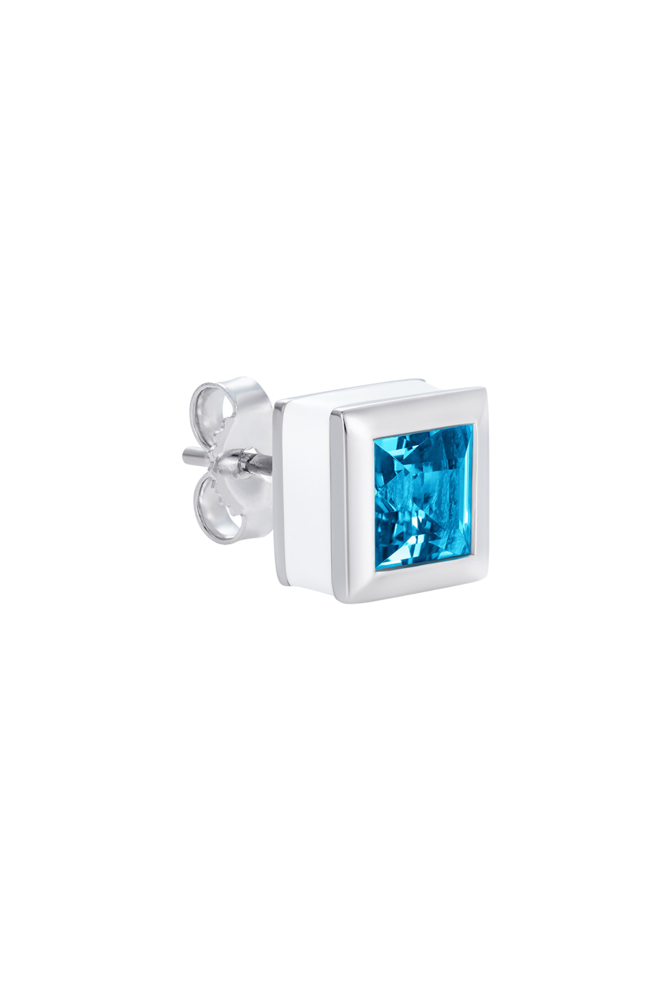Single square blue topaz stud earring in rhodium plated sterling silver with hand-applied white enamel - Something Blue By Ostro