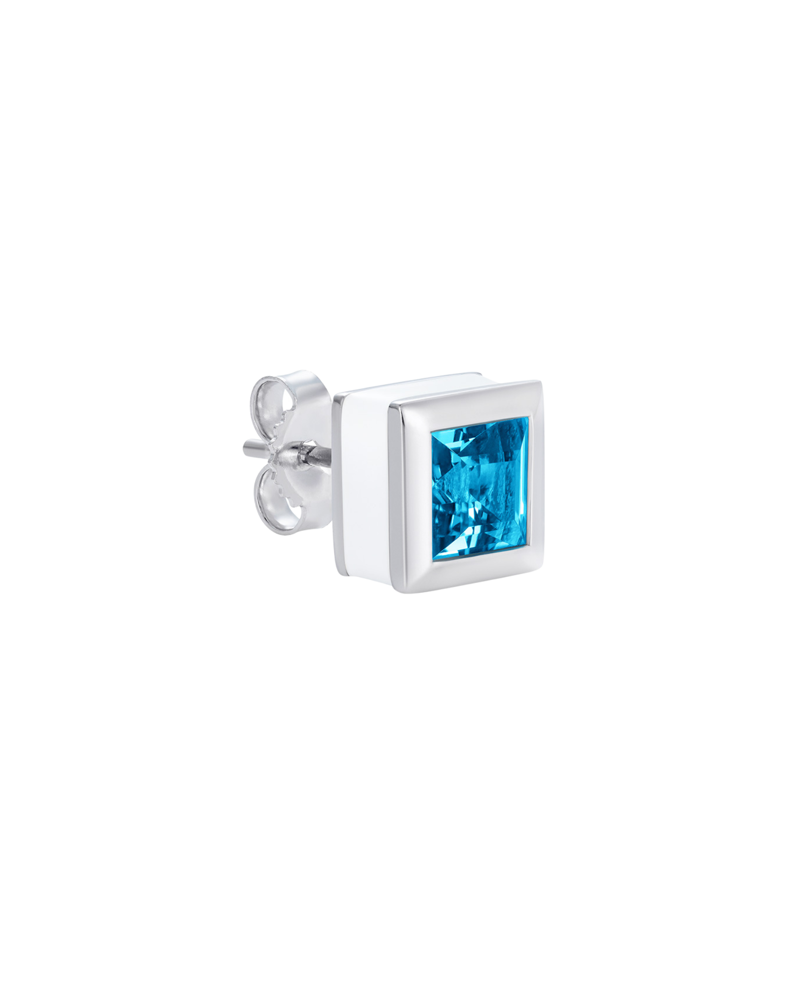 Single square blue topaz stud earring in rhodium plated sterling silver with hand-applied white enamel - Something Blue By Ostro