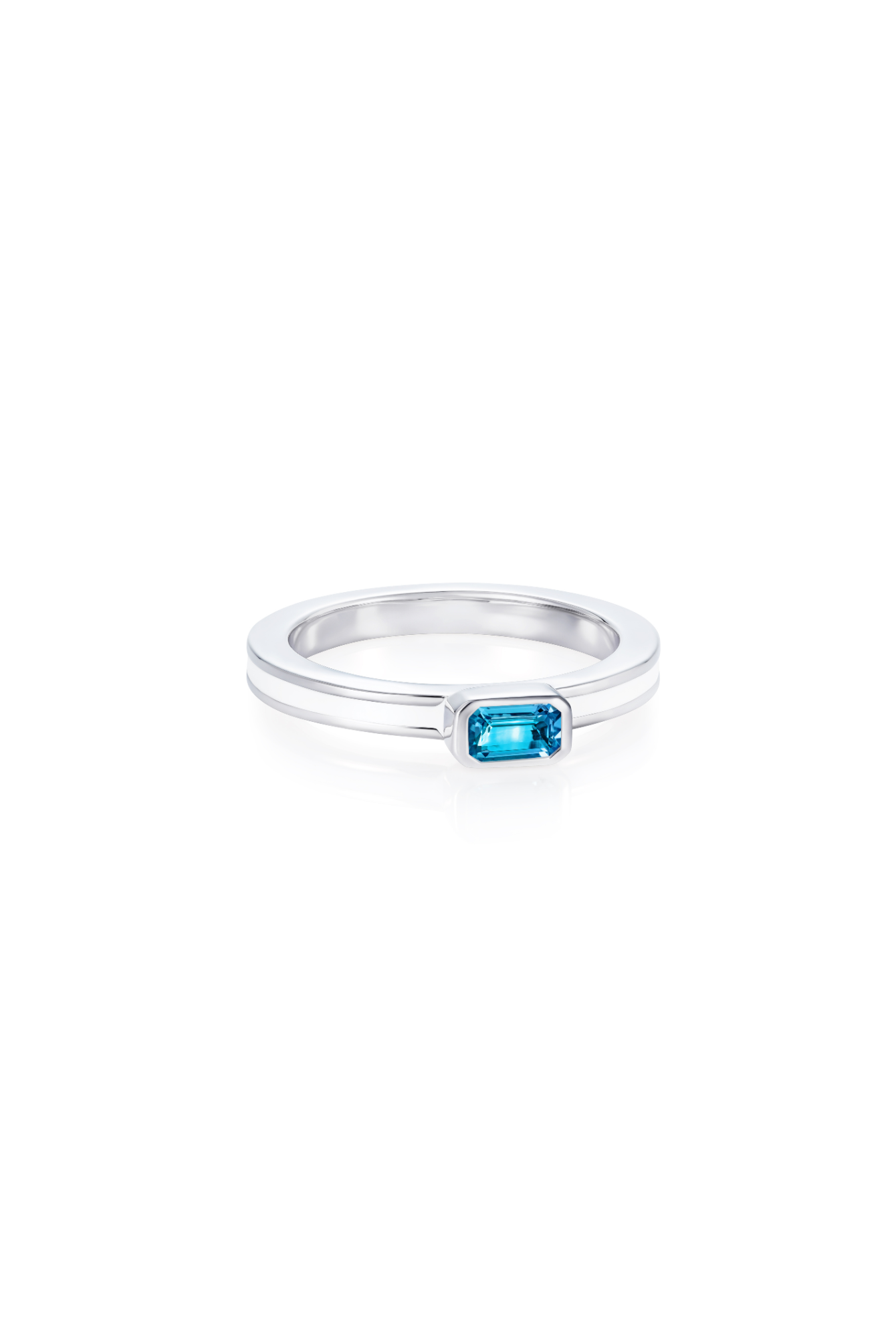 Octagon white stacking ring with blue topaz in rhodium plated sterling silver - Something Blue By Ostro