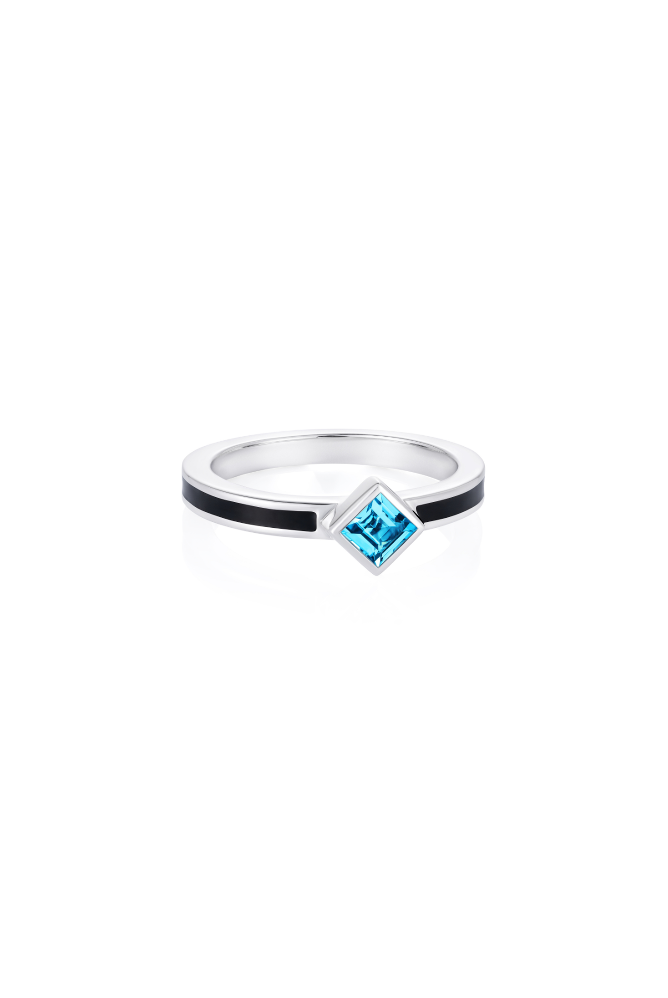 Sterling silver stacking ring with square blue topaz and hand-applied black enamel - Something Blue By Ostro