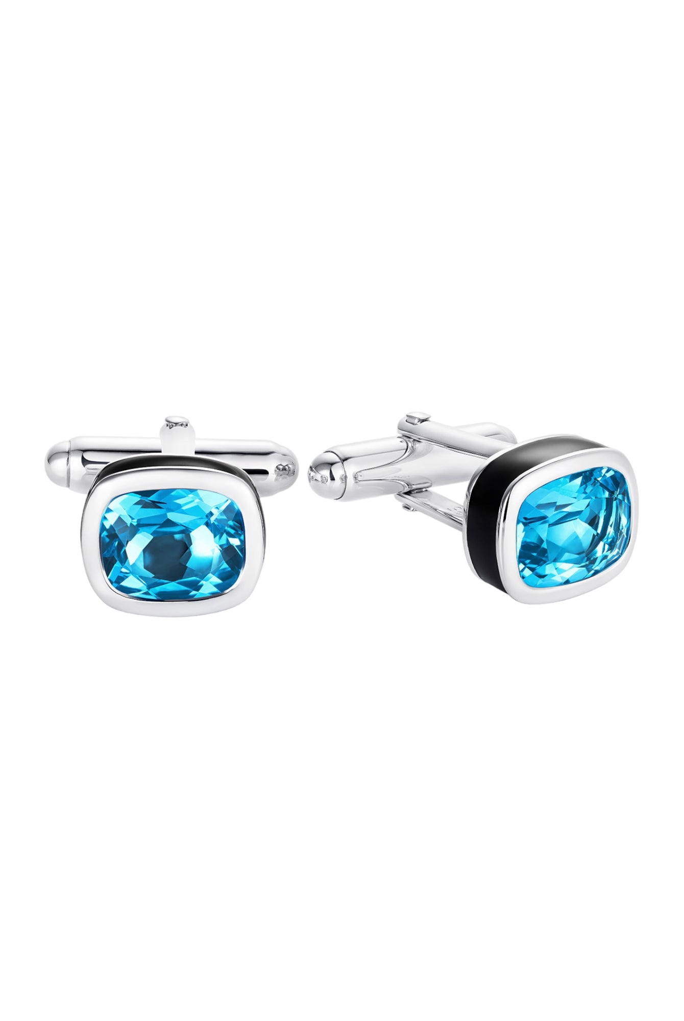 Sterling silver cufflinks with cushion-shaped blue topaz and hand-applied black enamel - Something Blue By Ostro