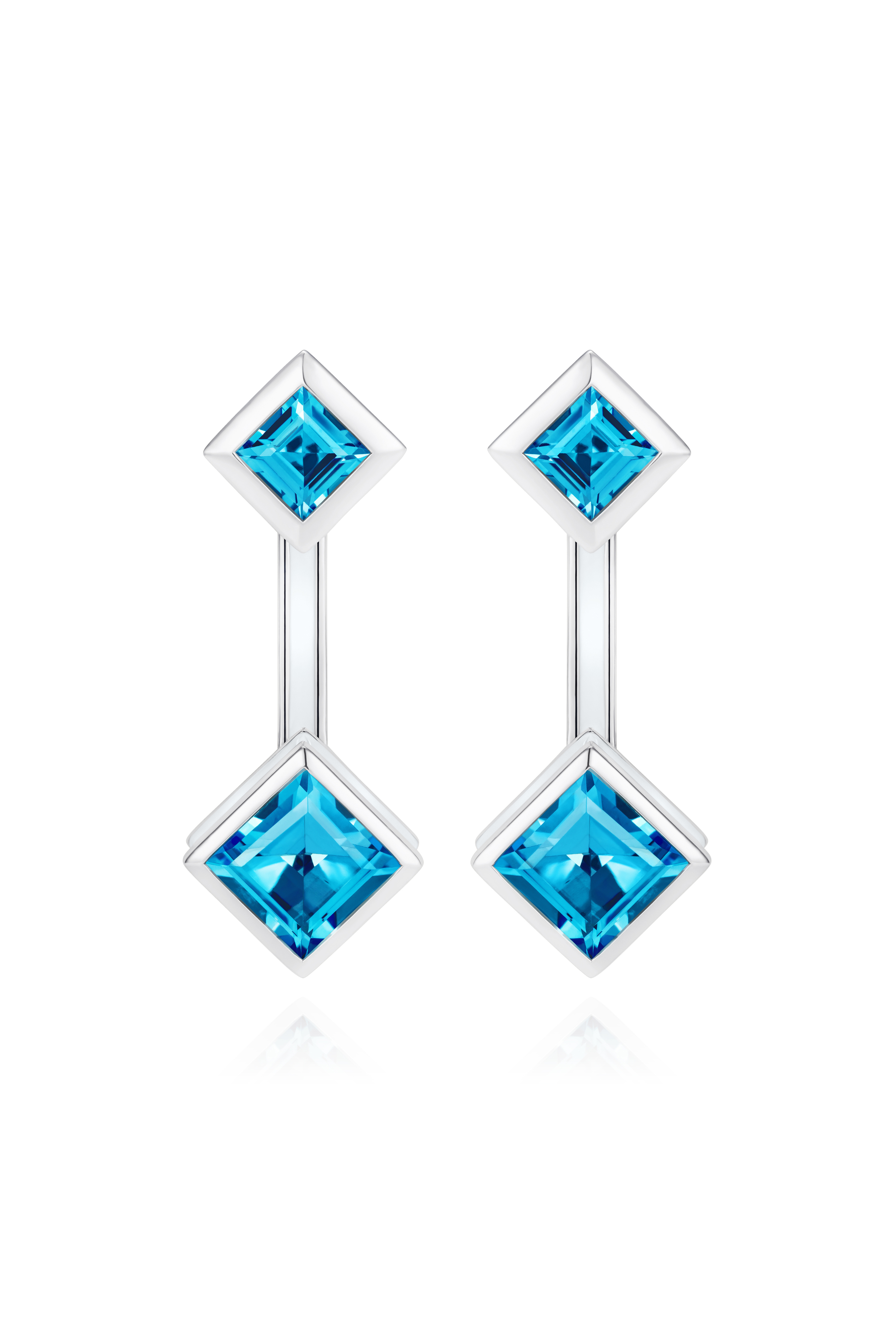 Square blue topaz earring set with studs and drops in rhodium plated sterling silver with hand-applied white enamel - Something Blue By Ostro