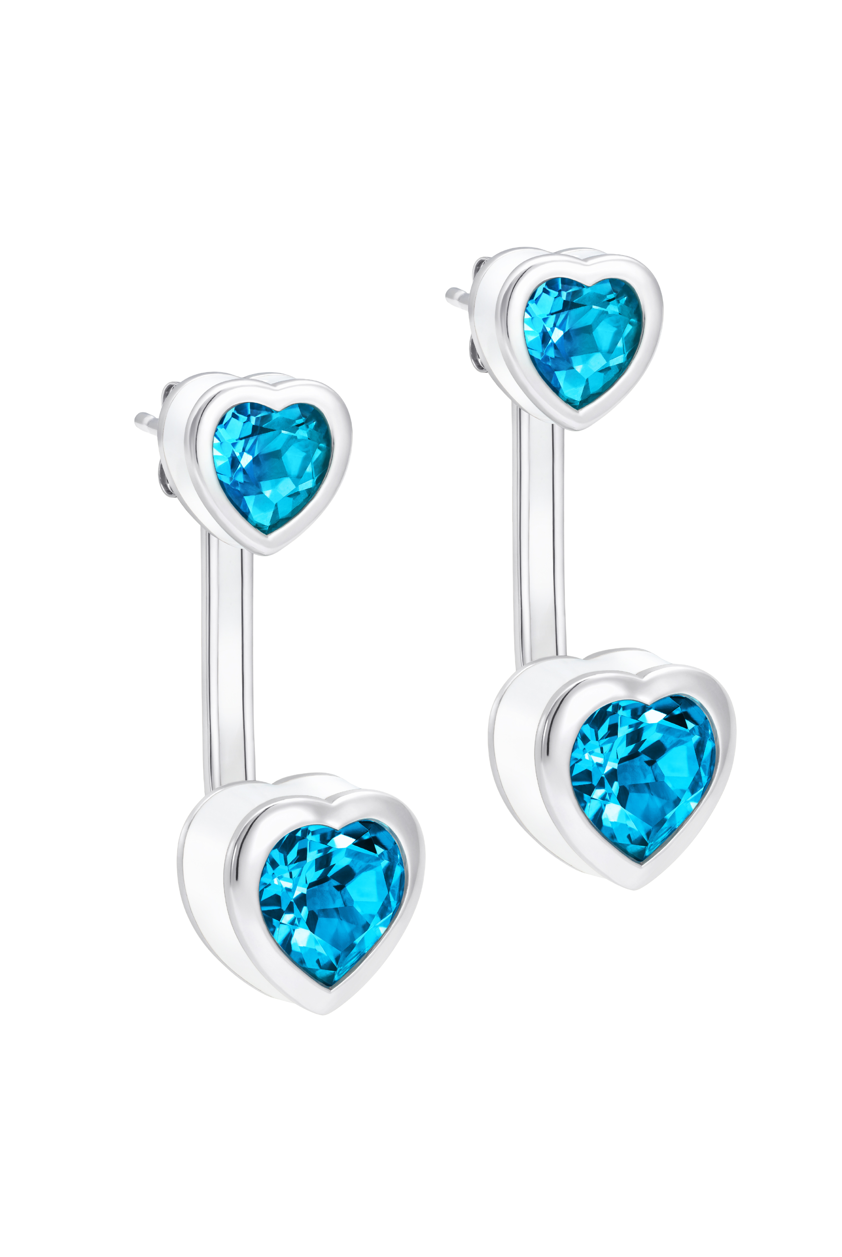 Heart-shaped blue topaz earring set with studs and drops in rhodium plated sterling silver with hand-applied white enamel - Something Blue By Ostro