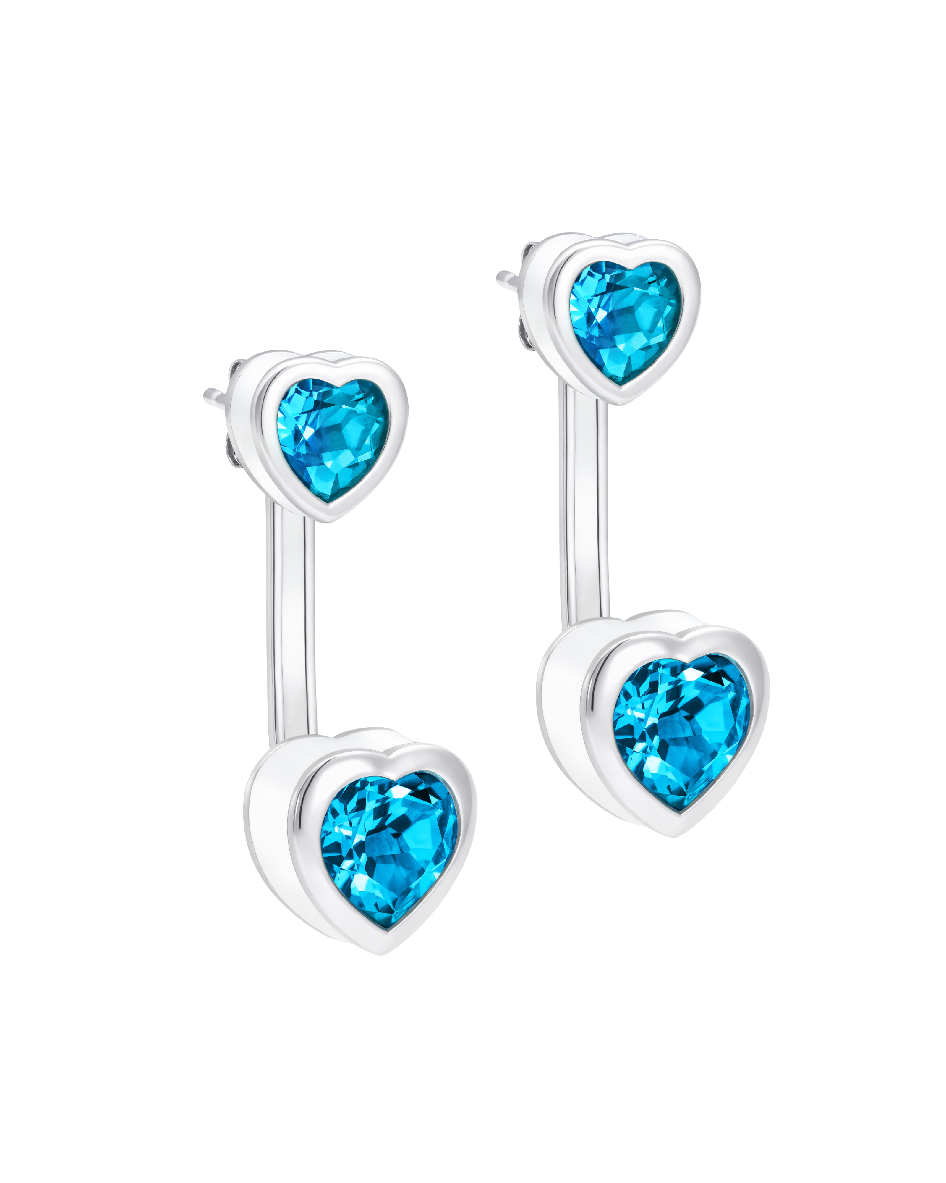 Heart-shaped blue topaz earring set with studs and drops in rhodium plated sterling silver with hand-applied white enamel - Something Blue By Ostro