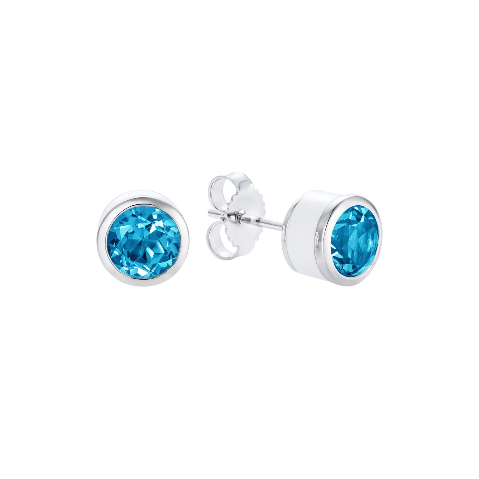 Round blue topaz stud earrings in rhodium plated sterling silver with white enamel - Something Blue By Ostro