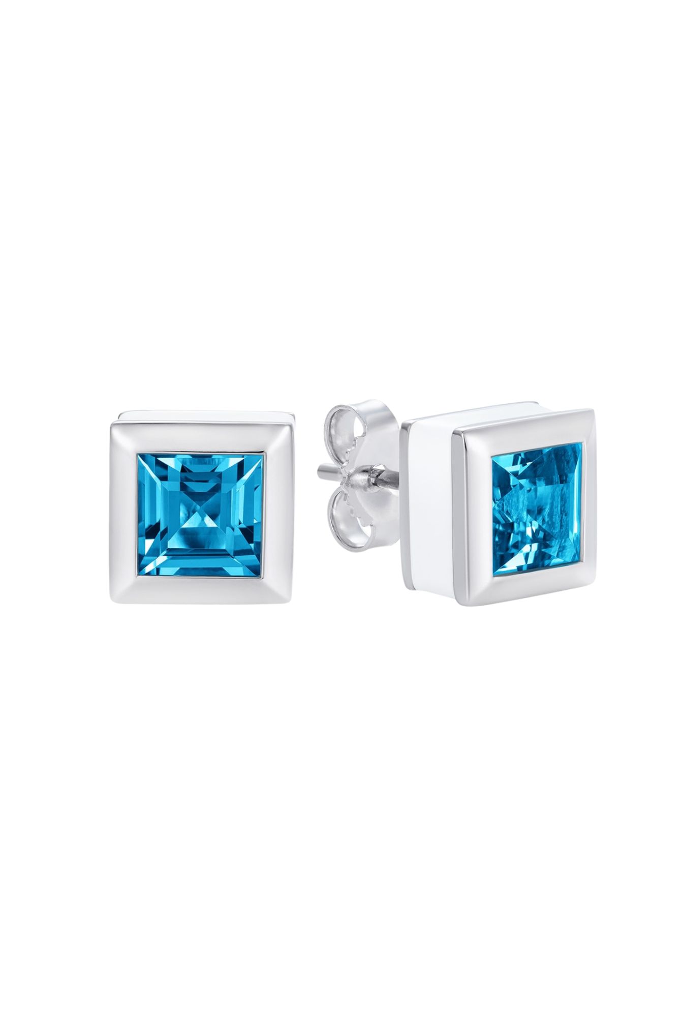 Square blue topaz stud earrings in rhodium plated sterling silver with white enamel - Something Blue By Ostro