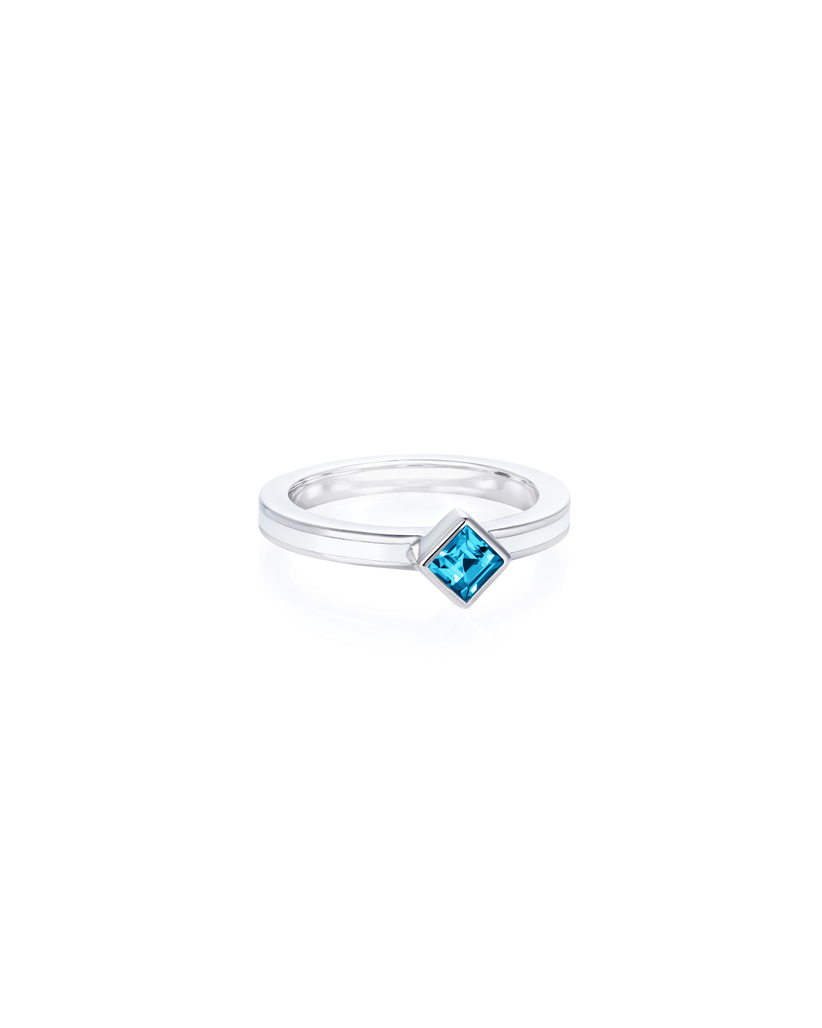 Square white stacking ring with blue topaz in rhodium plated sterling silver - Something Blue By Ostro