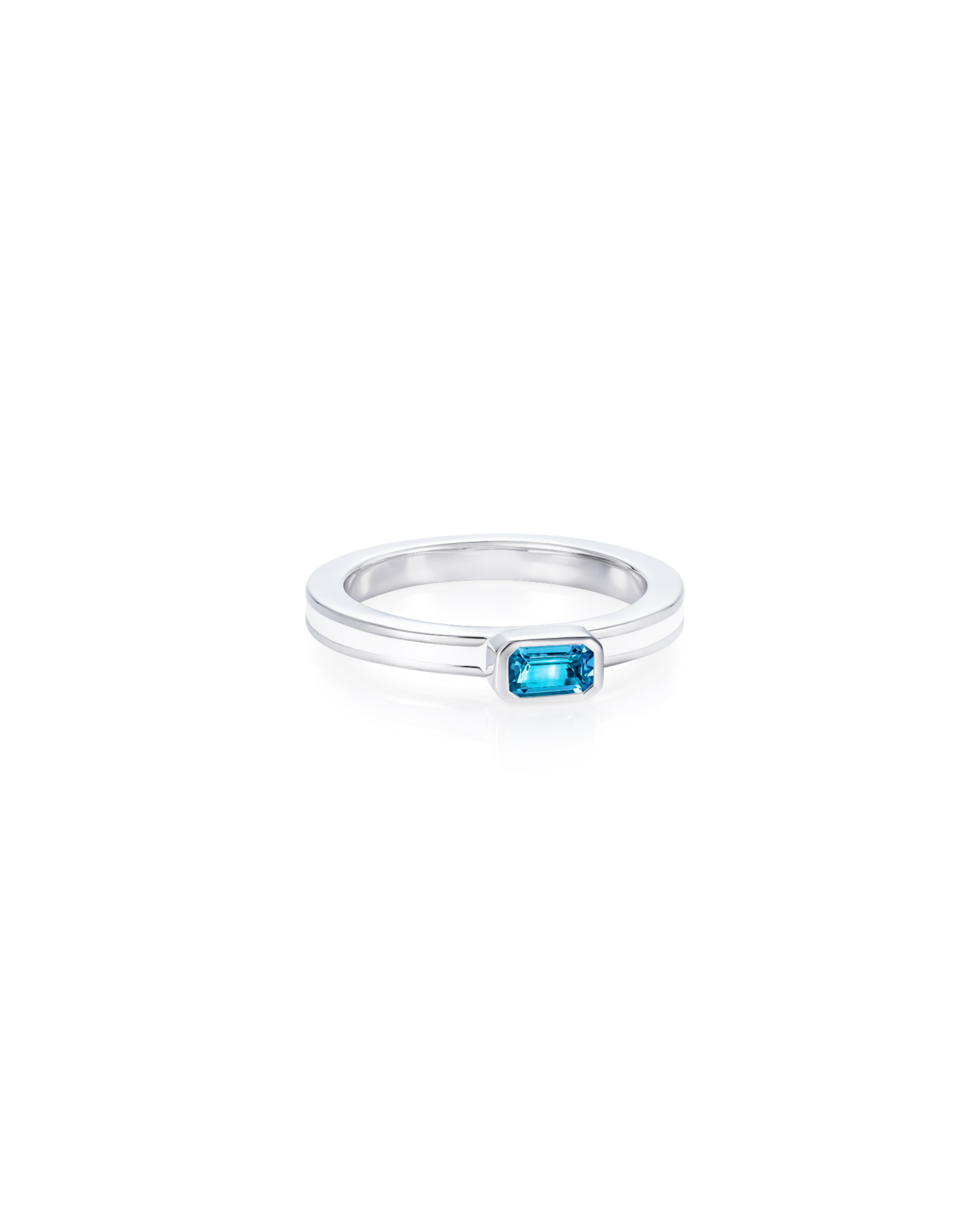 Octagon white stacking ring with blue topaz in rhodium plated sterling silver - Something Blue By Ostro