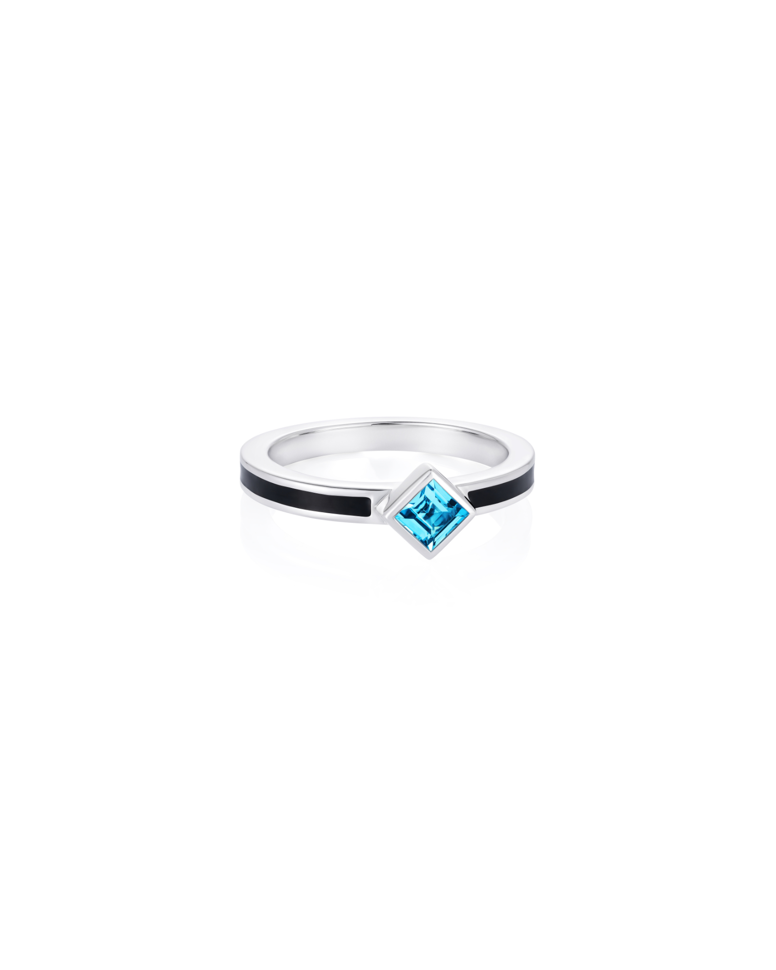 Sterling silver stacking ring with square blue topaz and hand-applied black enamel - Something Blue By Ostro