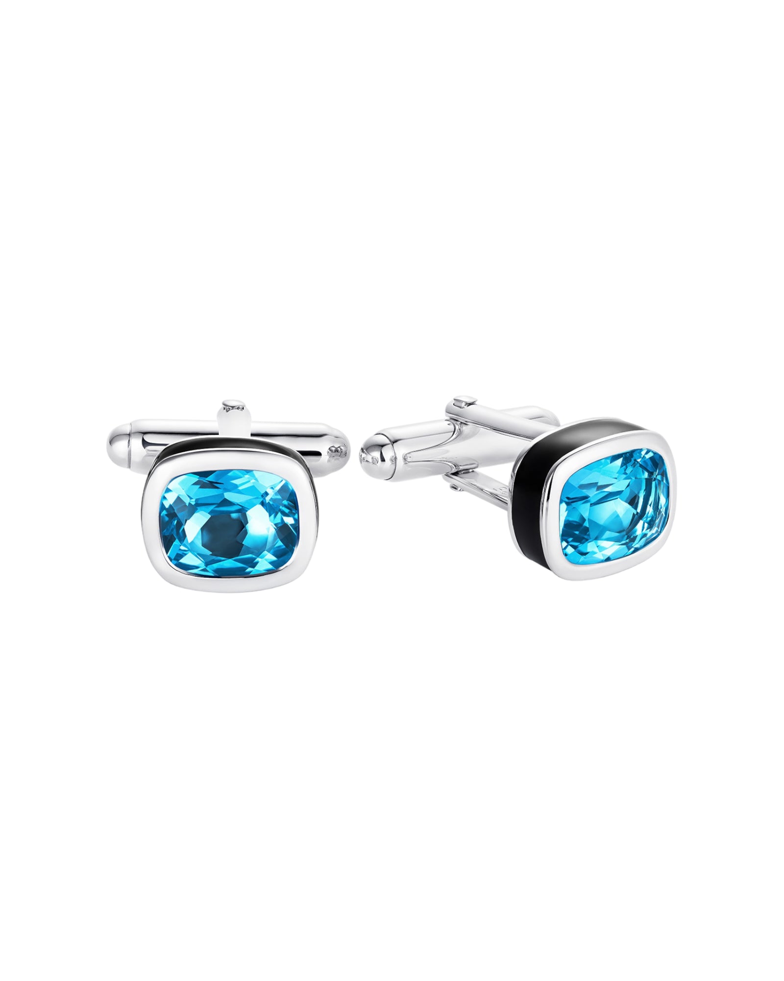 Sterling silver cufflinks with cushion-shaped blue topaz and hand-applied black enamel - Something Blue By Ostro