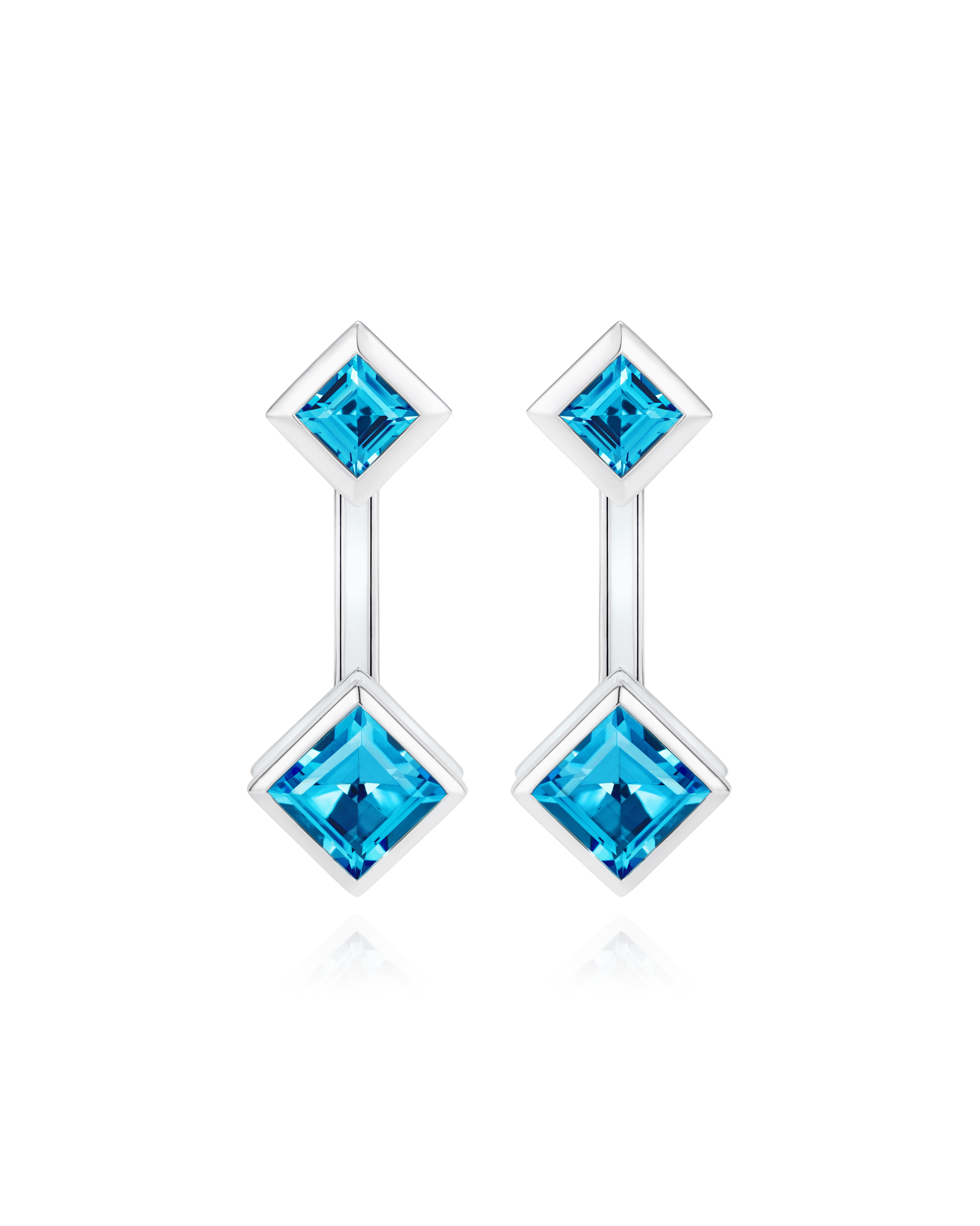 Square blue topaz earring set with studs and drops in rhodium plated sterling silver with hand-applied white enamel - Something Blue By Ostro