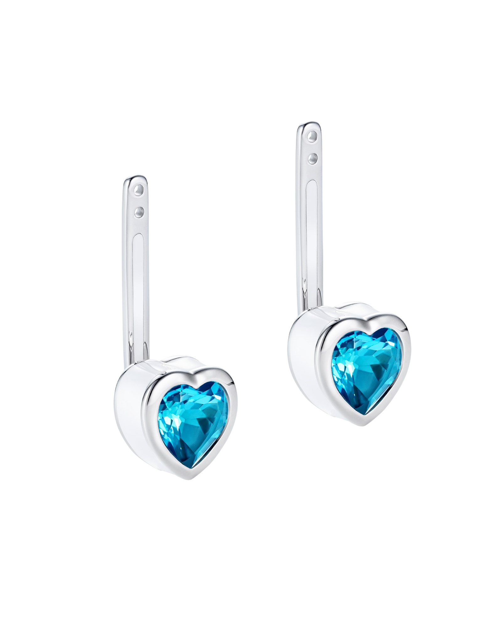Heart-shaped blue topaz earring drops in rhodium plated sterling silver with white enamel - Something Blue By Ostro
