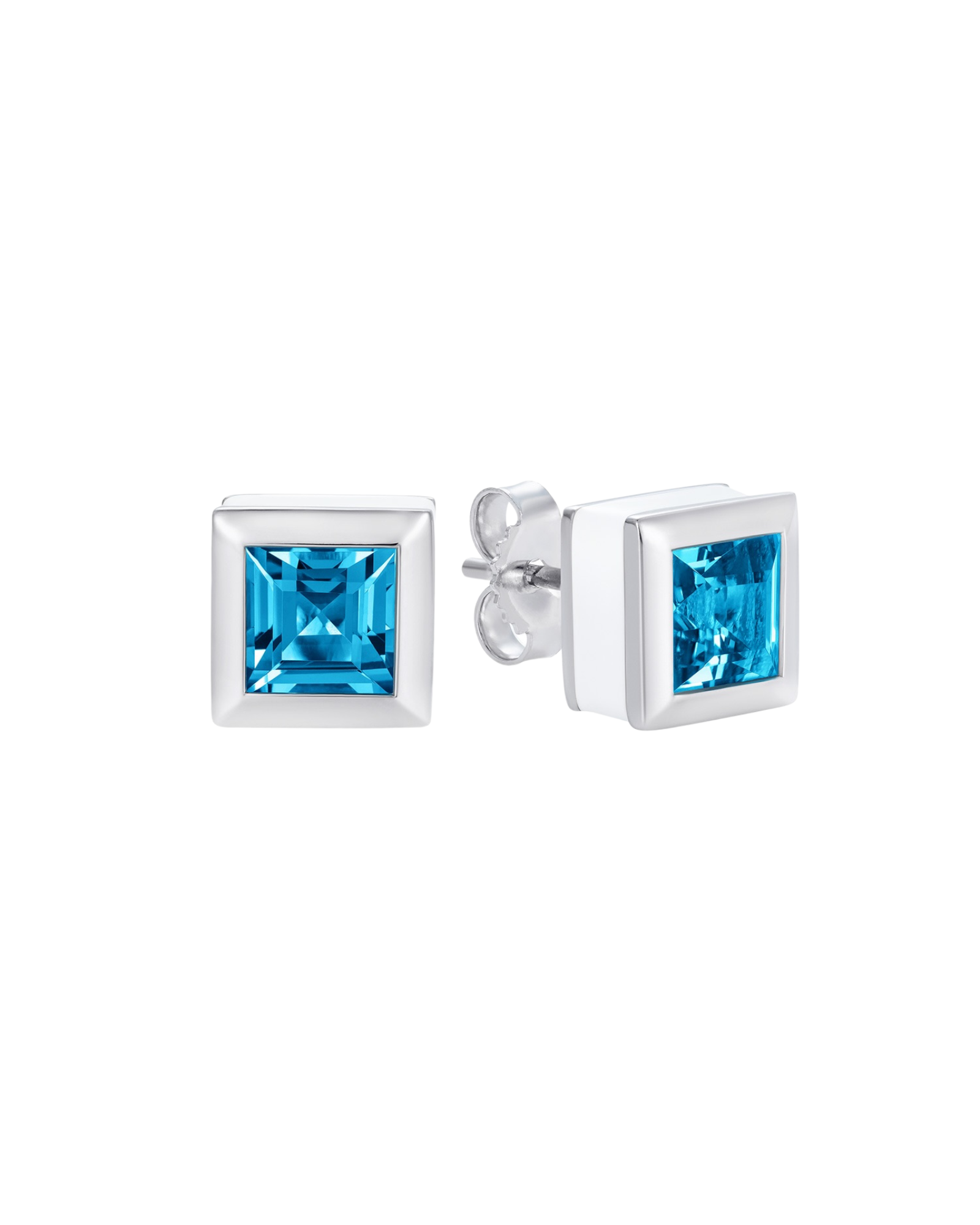 Square blue topaz stud earrings in rhodium plated sterling silver with white enamel - Something Blue By Ostro
