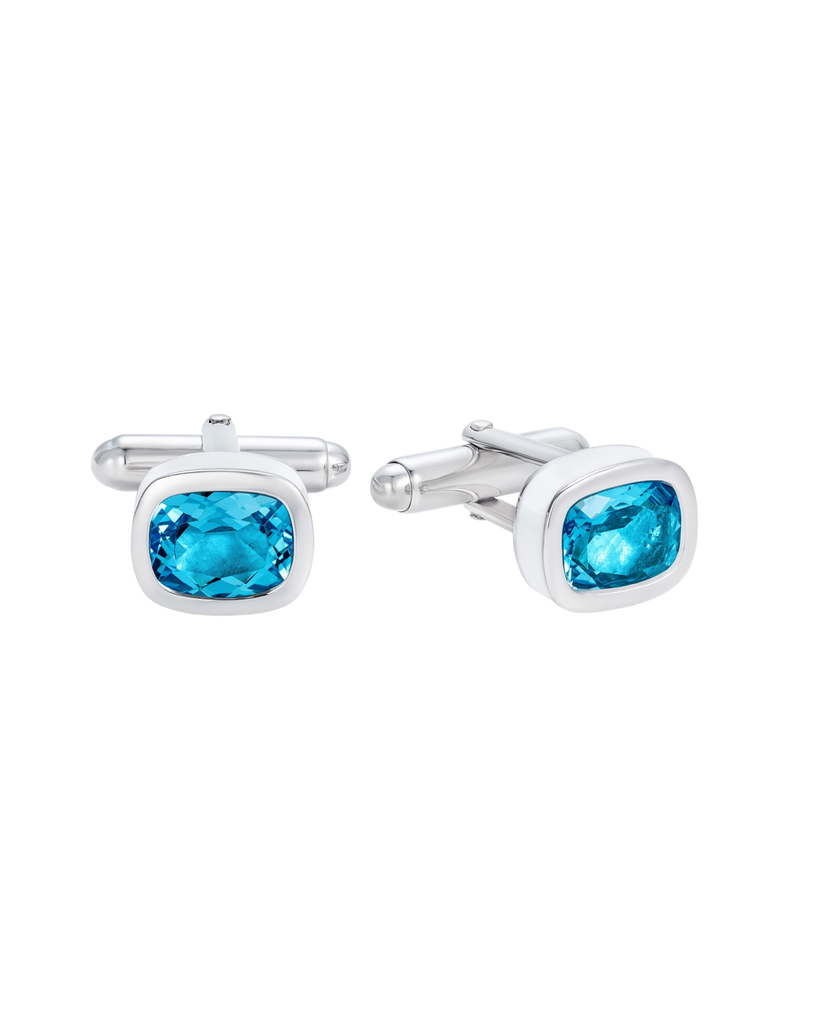 Cushion-shaped blue topaz cufflinks in rhodium plated sterling silver with white enamel - Something Blue By Ostro